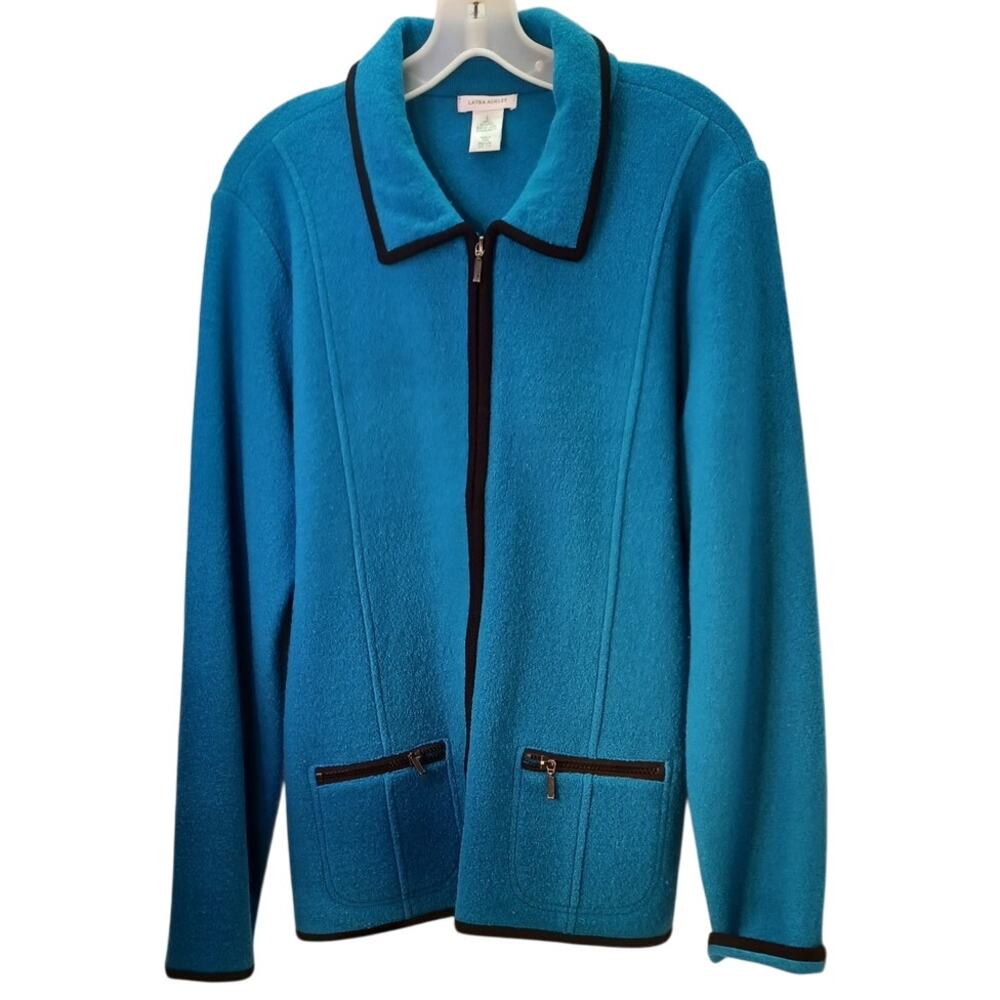 Vintage Laura Ashley Wool Jacket Teal Black Trim Full Zip Women's Large Heritage